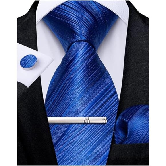 Men's Stripe Tie Silk Woven Necktie Pocket Square Cufflink Set Formal Business - Picture 7 of 7